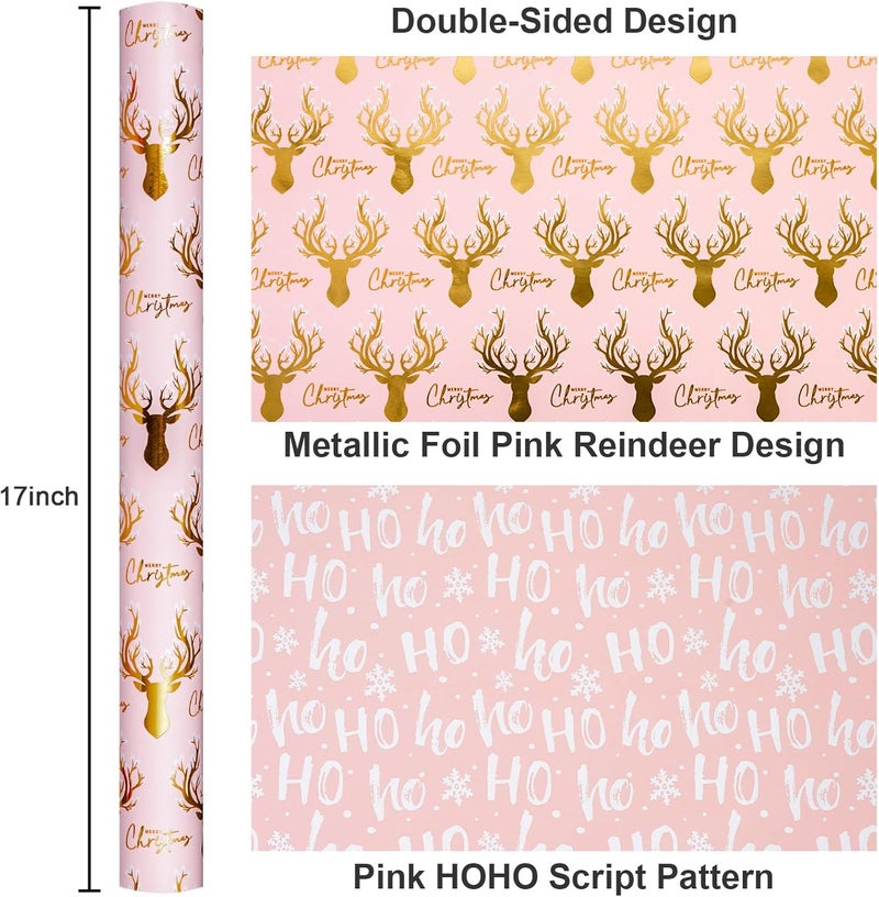 Yarcony Christmas Wrapping Paper, Girly Pink Wrapping Paper, Reversible Elegant Pink and Gold Reindeer Girl Christmas Gift Wrap with Metallic Shine for Winter Holiday (Mini Roll, 17 Inch X 33 Feet) - Image 3